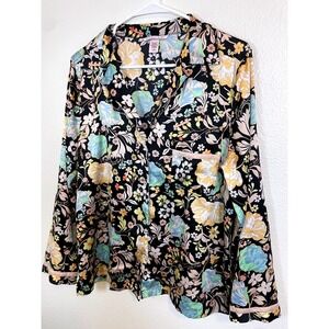 Victoria's Secret Pajama‎ Top Womens Medium Black Floral Satin Sleep Button Up